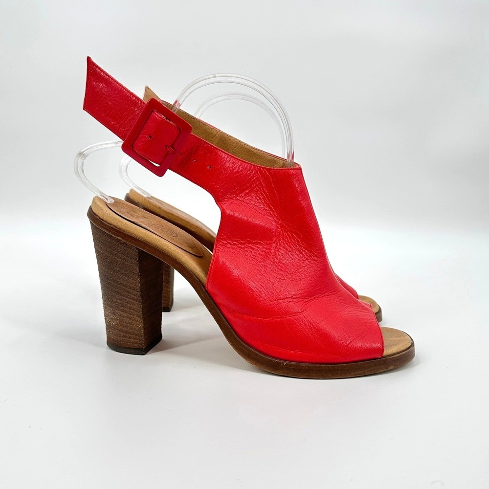 MM6 Maison Martin Margiela Red Leather Block Heel Slingback Peep Toe Sandal 40.5